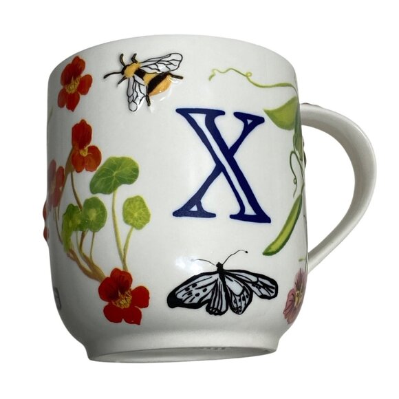 Anthropologie Raised Floral & Bee Mug  X Letter Botanical Design Dishwasher & Mi - Picture 1 of 14
